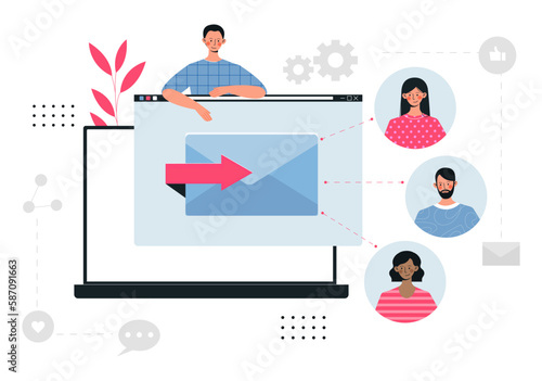 Concept of related people. Man sends letters to friends, business correspondence and advertising, email marketing mailing. Social media promotion. Cartoon flat vector illustration