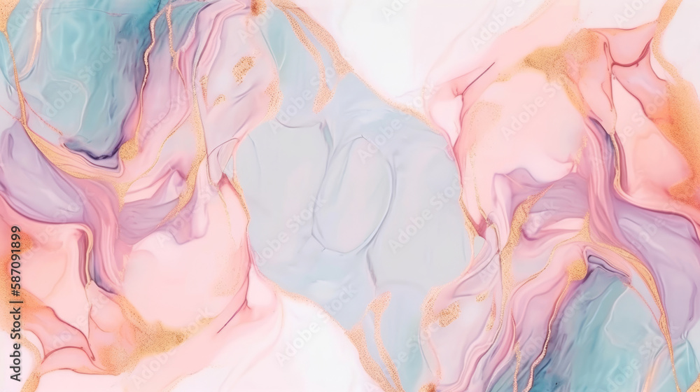 Abstract fluid ink painting background in pink, blue and beige colors.Generative Ai.