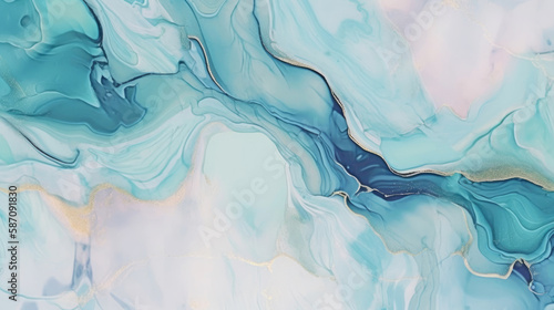 Abstract background of acrylic paint in blue and white tones with swirling and undulating fluid shapes. Liquid marble texture. Generative AI.