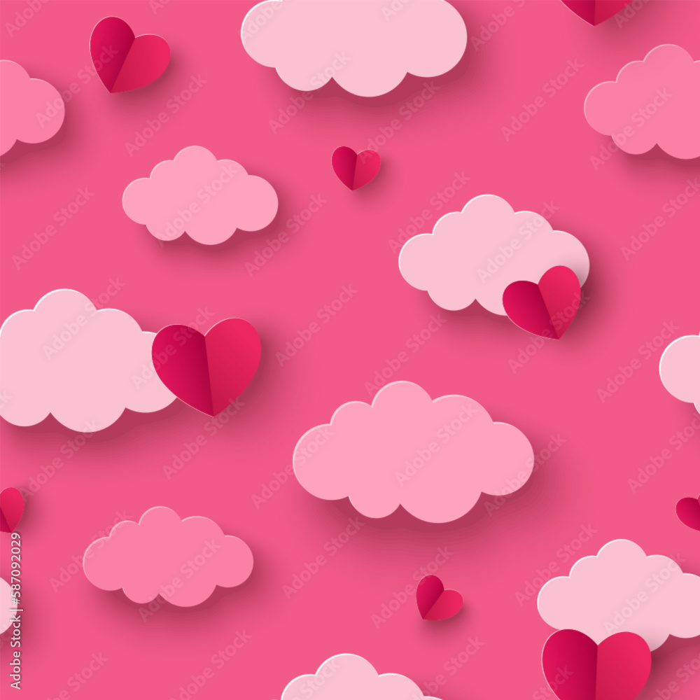 Pink sky, red hearts and paper cut clouds. Happy Valentine's day seamless pattern. Papercut style, cute baby ornament