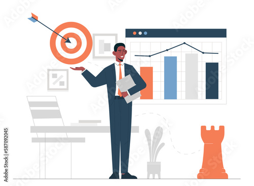Social strategy concept. Man with notepad stands against background of graphs and diagrams. Financial and marketing research. Web analytics strategy. Cartoon flat vector illustration photo