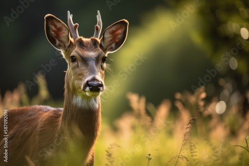 Deer on a lush meadow. Generative AI photo