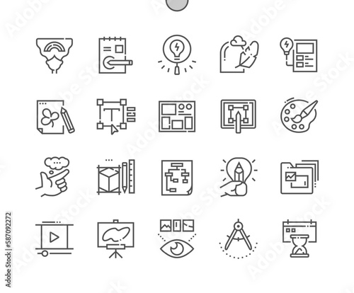 Creative tools. Search idea. Design process. Mind map and color palette. Pixel Perfect Vector Thin Line Icons. Simple Minimal Pictogram