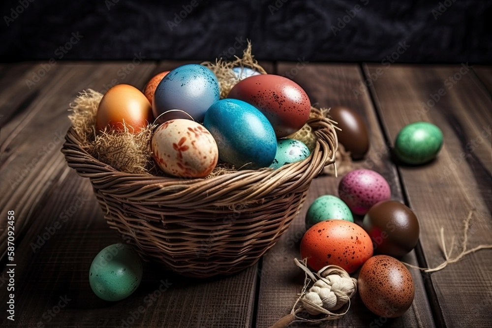 basket filled with colorful Easter eggs. Generative AI basket filled with colorful Easter eggs. Generative AI