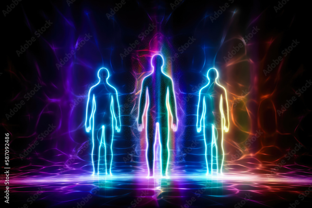 Fototapeta premium 3 Silhouettes of human astral bodies - concept image for near death experience, spirituality, and meditation - AI Generated