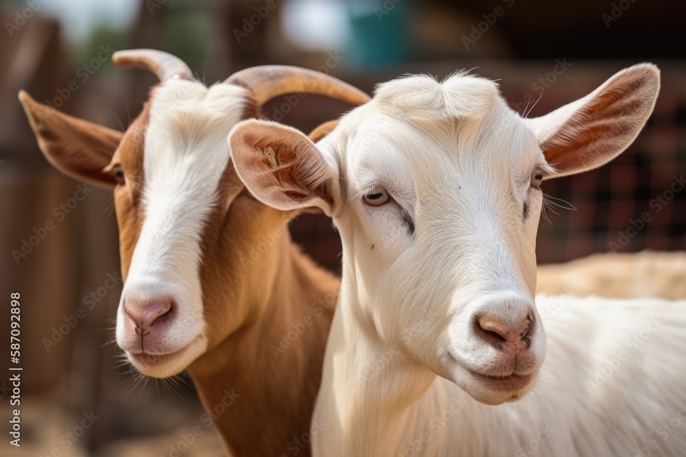white goat and brown cow. Generative AI
