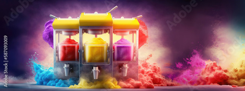 summer cool slush or smoothie iced fruit juice dispenser machine for refreshing chilled drinks in multi colored containers - Generative AI