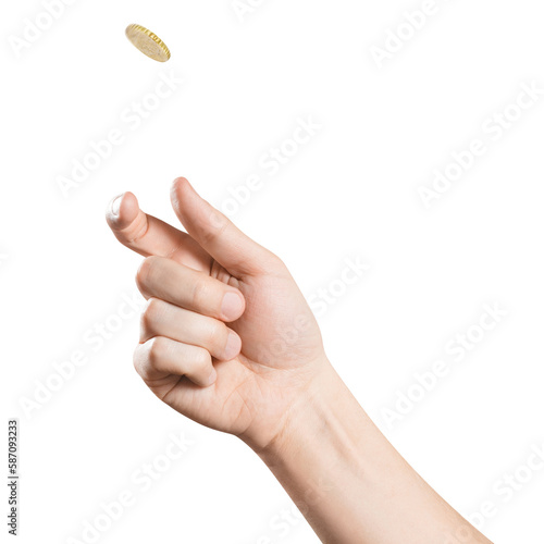Hand throwing up a coin, cut out photo