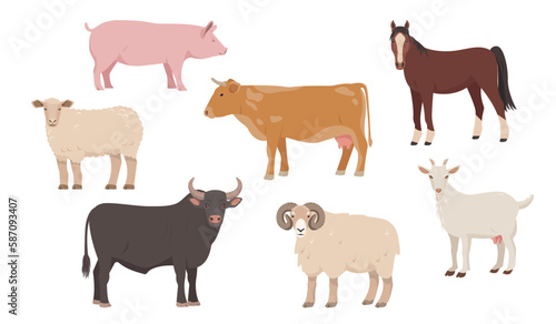 Set of farm animals in different poses and colors. Cow  bull  sheep  pig  ram horse and goat. Vector flat or cartoon illustration. Farm animal icons isolated on white background.