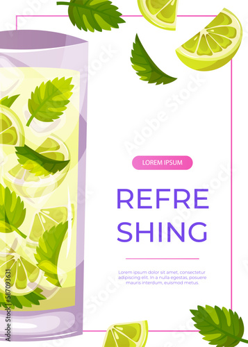 Promo flyer with classic cocktails Mojito with lime and mint. Italian aperitif. Cocltail party. Alcoholic beverage drinks bar menu.Beach Holidays, summer vacation,  recreation. A4 for poster, banner