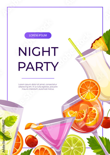 Promo flyer with classic cocktails cosmopolitan, mojito, pina colada. Italian aperitif. Alcoholic beverage for drinks bar menu.Beach Holidays, summer vacation, party, recreation. A4 for poster, banner