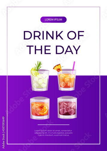 Promo flyer with classic cocktails gin tonic, whiskey soda, old fashioned, mai tai. Italian aperitif. Alcoholic beverage for drinks bar menu. Holidays, summer vacation, party, recreation. A4 poster