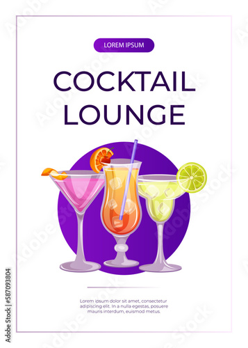 Promo flyer with classic cocktails cosmopolitan, margarita, sex on the beach. Italian aperitif. Alcoholic beverage drinks bar menu.  Holidays, summer vacation, party, recreation. A4 for poster, banner