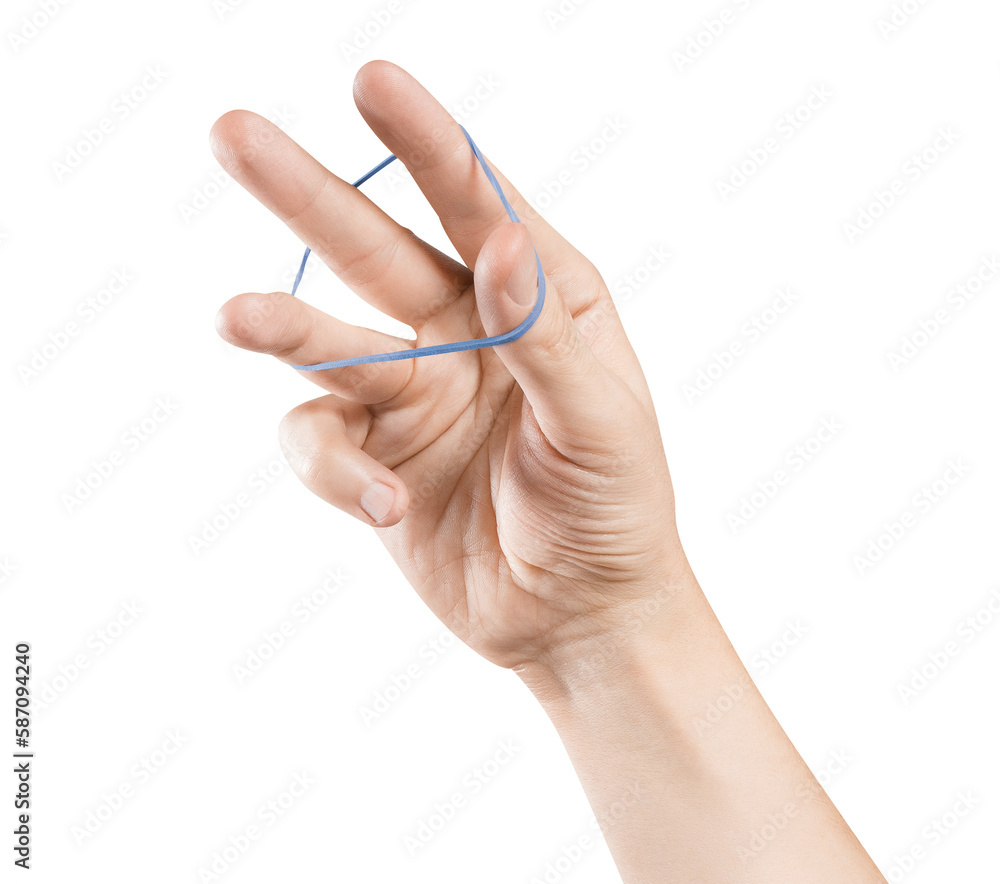 Hand playing with elastic hair band, cut out Hand playing with elastic hair band, cut out