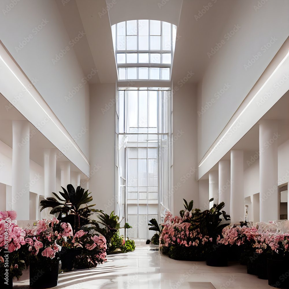 Fototapeta premium Stylish interior of modern hall with spring flowers.Generative AI Illustration