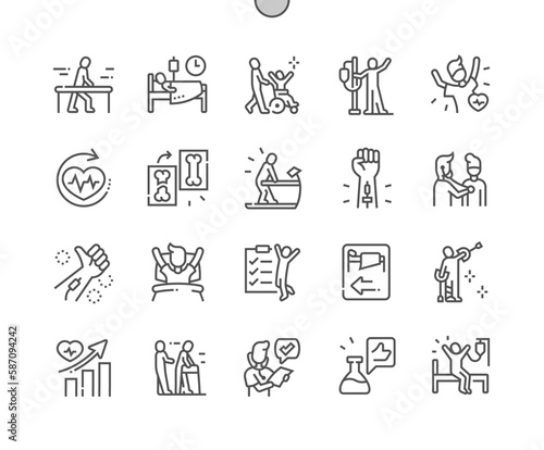 Recovery patient. Blood test. Physioterapy. Medical, clinic and health care. Feel better. Pixel Perfect Vector Thin Line Icons. Simple Minimal Pictogram