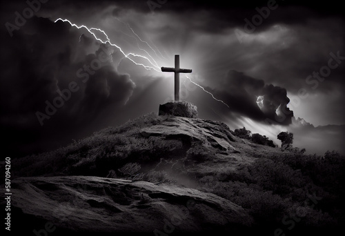 Cross on a hill during a thunderstorm. Christian symbol of faith, generative ai 