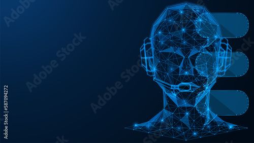 Chat bot, artificial intelligence conducts a dialogue. Polygonal design of interconnected lines and points. Blue background.