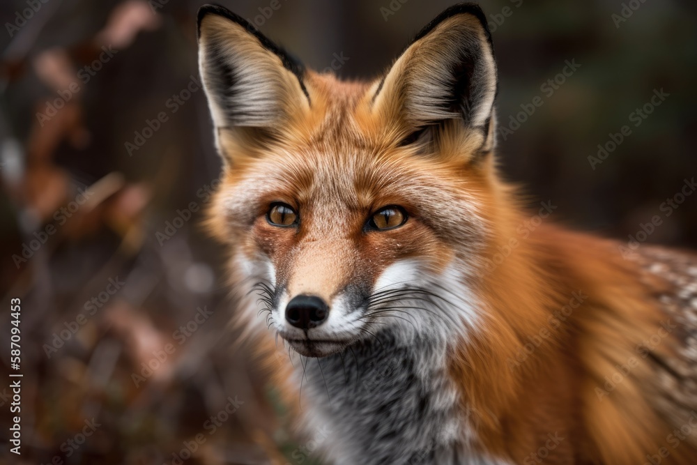 A close up photograph of a red fox (Vulpes vulpes) in Canada's Algonquin Park. Generative AI A close up photograph of a red fox (Vulpes vulpes) in Canada's Algonquin Park. Generative AI