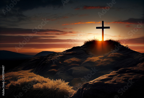 Cross on the hill at sunrise. Christian symbol of faith, generative ai