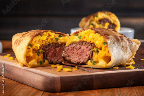 savory breakfast burrito stuffed with scrambled eggs, sausage, cheese, and veggies - a hearty meal to start your day, start your day right, delicious breakfast options to satisfy every . generative ai