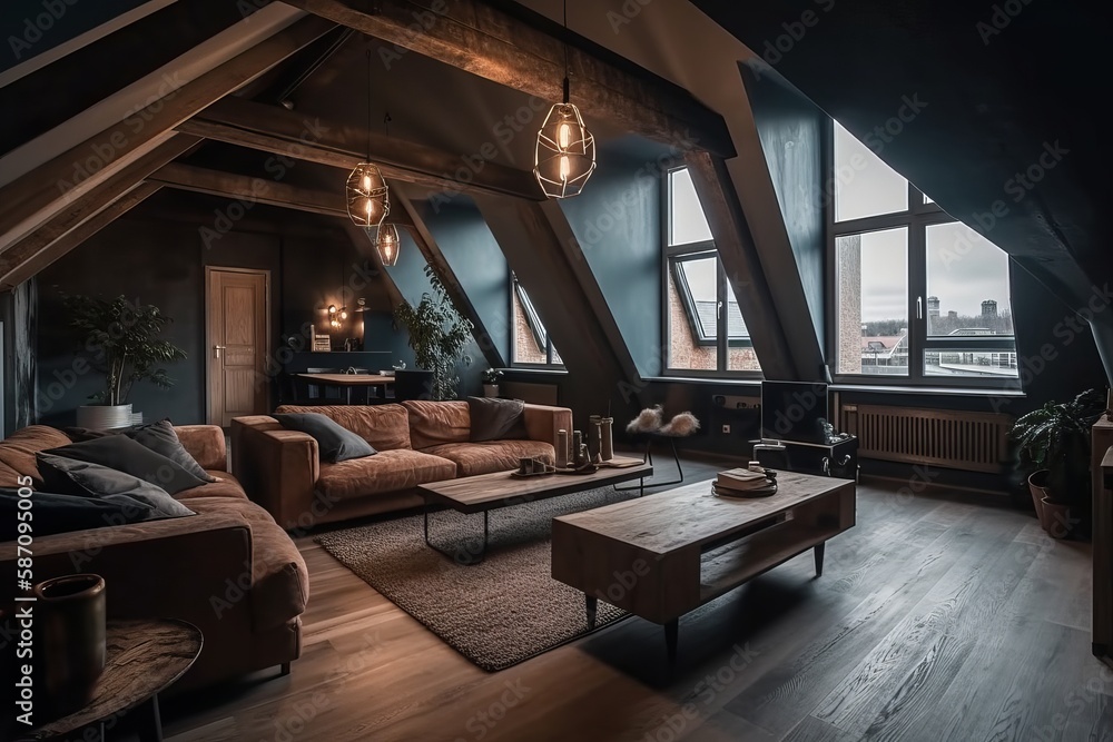 Modern Luxury attic Loft apartment. Generative AI	
