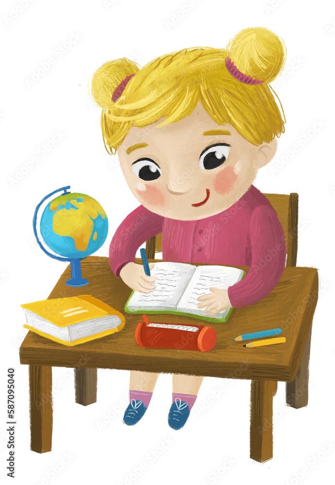 cartoon child kid girl pupil going to school learning reading by the desk with globe childhood illustration for kids