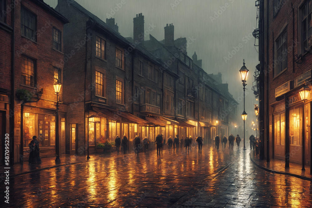 Rainy night street in a city, old architecture, houses, random people, street lighting and foggy. Generative AI.
