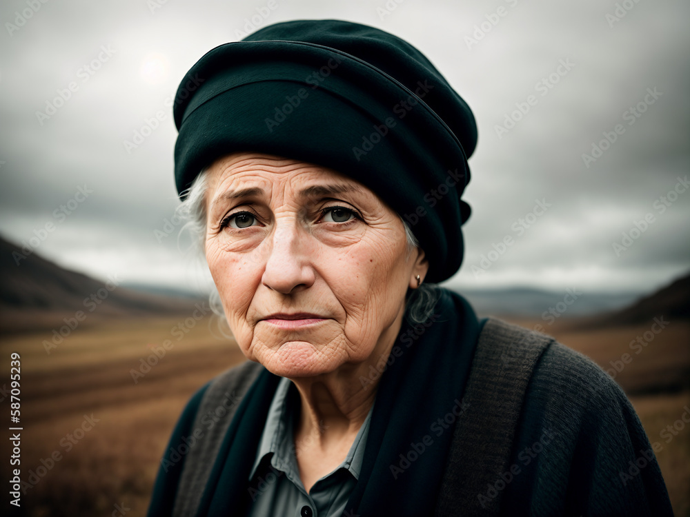 Dramatic portrait of an elderly woman, late autumn landscape as background, dark sky with storm clouds. Generative AI. Dramatic portrait of an elderly woman, late autumn landscape as background, dark sky with storm clouds. Generative AI.