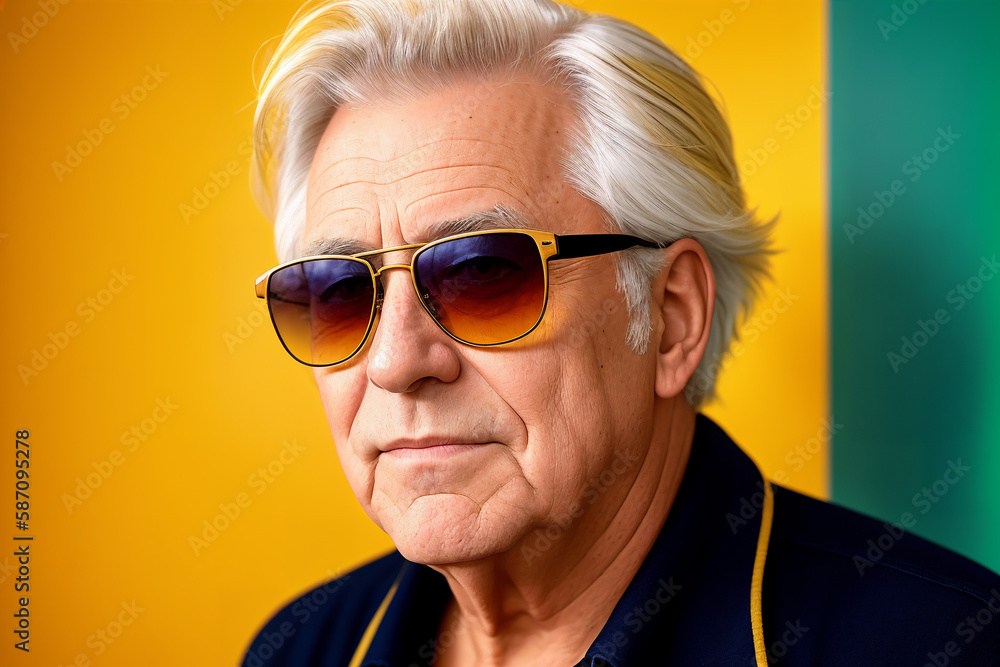 Portrait of an elderly caucasian man on yellow background, summer brightness. Generative AI. Portrait of an elderly caucasian man on yellow background, summer brightness. Generative AI.
