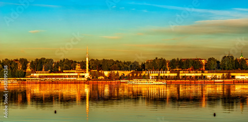 view of the River Station and pleasure boats on the Volga River in Yaroslavl