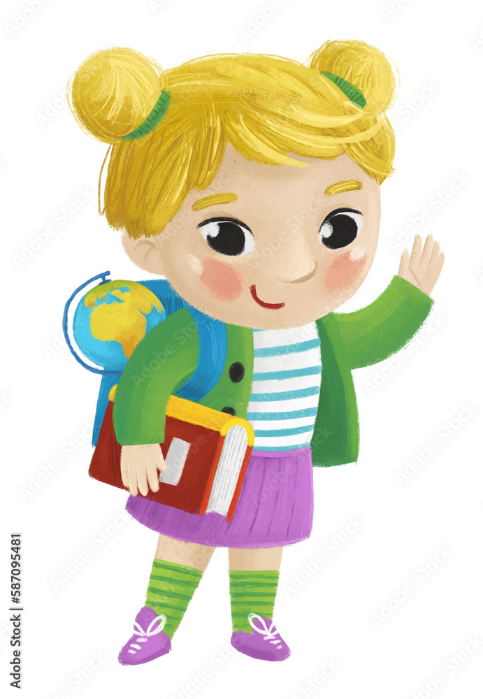 cartoon child kid girl pupil going to school learning with globe childhood illustration for kids cartoon child kid girl pupil going to school learning with globe childhood illustration for kids