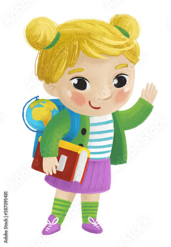 cartoon child kid girl pupil going to school learning with globe childhood illustration for kids