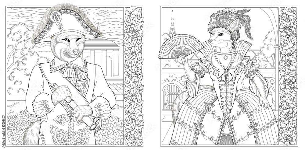 Victorian style fox man and woman. Adult coloring book pages with floral frames.