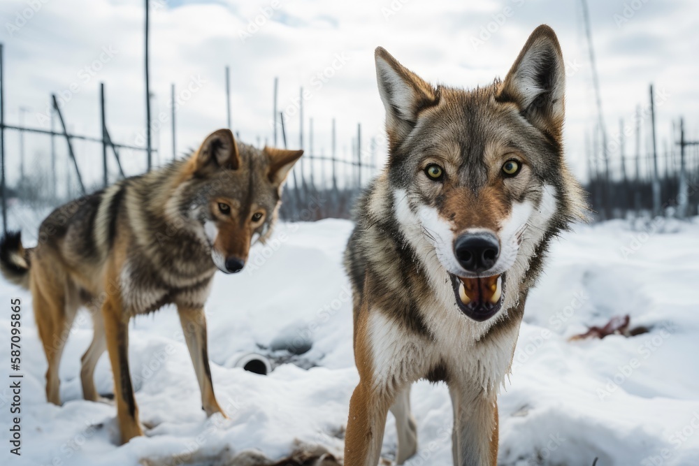 Wolves in the Chernobyl radiation zone run among abandoned hoses in the midst of a bitter winter and dense snow. Generative AI Wolves in the Chernobyl radiation zone run among abandoned hoses in the midst of a bitter winter and dense snow. Generative AI