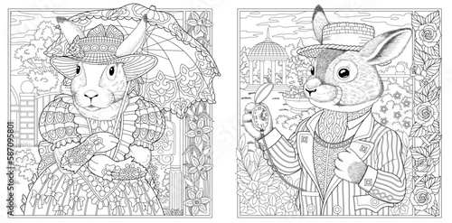 Victorian style bunny man and woman. Adult coloring book pages with floral frames.