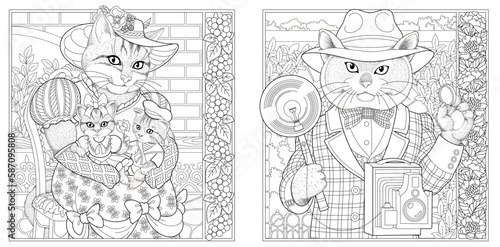 Victorian style cat man and woman. Adult coloring book pages with floral frames.