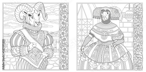 Victorian style goat man and sheep woman. Adult coloring book pages with floral frames.