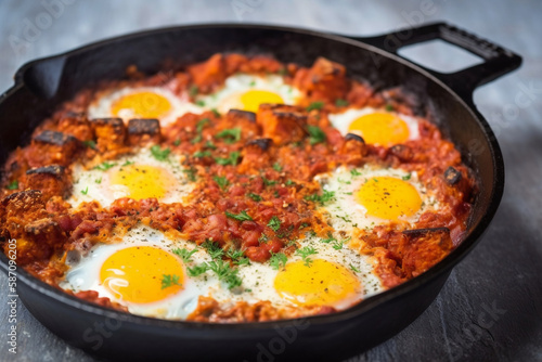 traditional english breakfast with fried eggs, grilled tomatoes, baked beans, and sausage - a classic and satisfying meal, start your day right, delicious breakfast options . generative ai