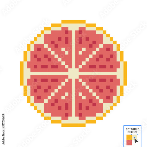 Pixel art orange grapefruit icon set. Pixel retro game grapefruit and half grapefruit icons. 8 bit or 16 bit style grapefruit icon for game or web design. Flat cute pixel fruit vector.