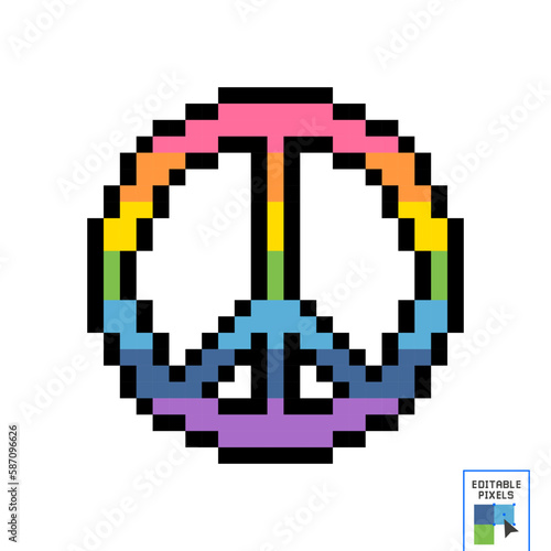 Hippie sign in old vector style. Illustration of the emblem of the Pacifist movement. Rainbow Cross of the world, which symbolizes peace, love, goodness, freedom. 70s subculture in 8-bit pixel style.