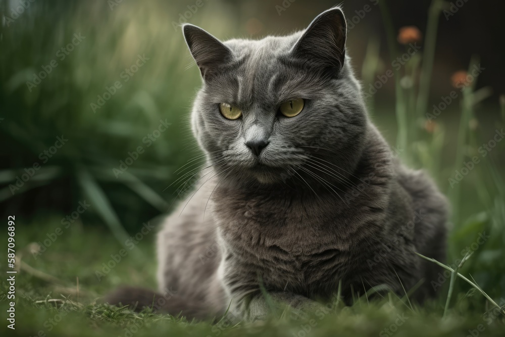 Gray the lovely cat is unsatisfied as she sits on a green lawn outside. Generative AI