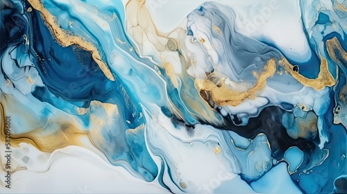 The abstract background of this artwork features an interplay of vibrant blue hues that blend together seamlessly, creating a mesmerizing gradient effect. The use of alcohol inks adds a unique touch o