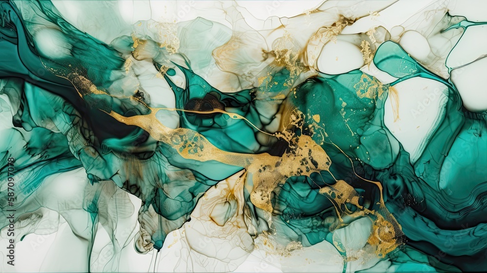 This abstract artwork features a beautiful combination of green hues in an alcohol ink medium. 