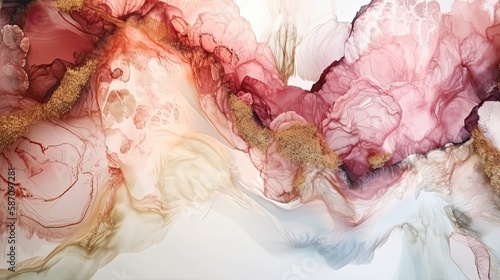 : A beautiful and intricate piece of abstract art, created with white and rose-colored alcohol ink that has been expertly applied to produce a mesmerizing pattern. The glossy and smooth surface adds t photo