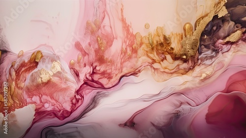 This stunning abstract artwork features a white and rose-colored alcohol ink design on a smooth and glossy surface. The intricate patterns and swirling shapes create a mesmerizing and dynamic visual e photo