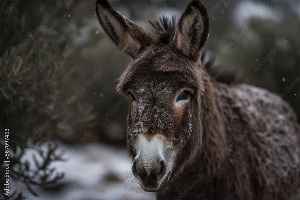 A brown miniature donkey from the Mediterranean poses in the snow. Generative AI