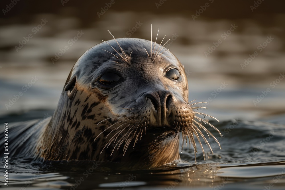 The grey seal is swimming with its head above the water. Generative AI