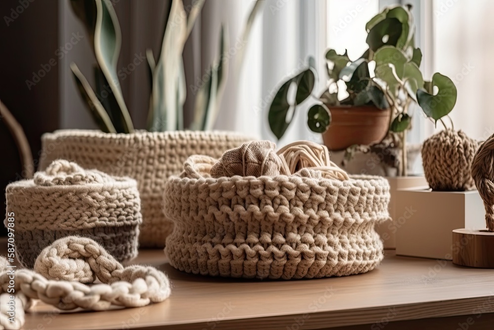 Handcrafted. Jute knitted round pots. Home eco boxes crocheted. Natural artisan home decor. Cozy bohemian room décor. Beige knitted baskets on wooden table. Generative AI Handcrafted. Jute knitted round pots. Home eco boxes crocheted. Natural artisan home decor. Cozy bohemian room décor. Beige knitted baskets on wooden table. Generative AI