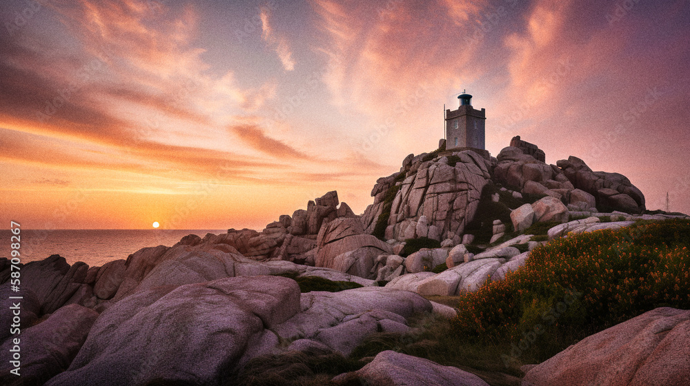 A lighthouse in the Côte de granit rose, French Brittany - generative ai